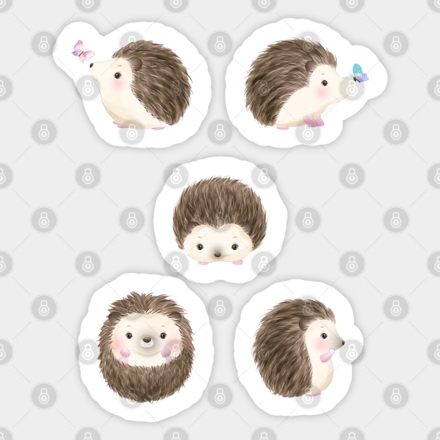 Cute Watercolor Hedgehogs Sticker Pack Set of 5 Little Hedgehog Woodland Animals Sticker by EddieBalevo